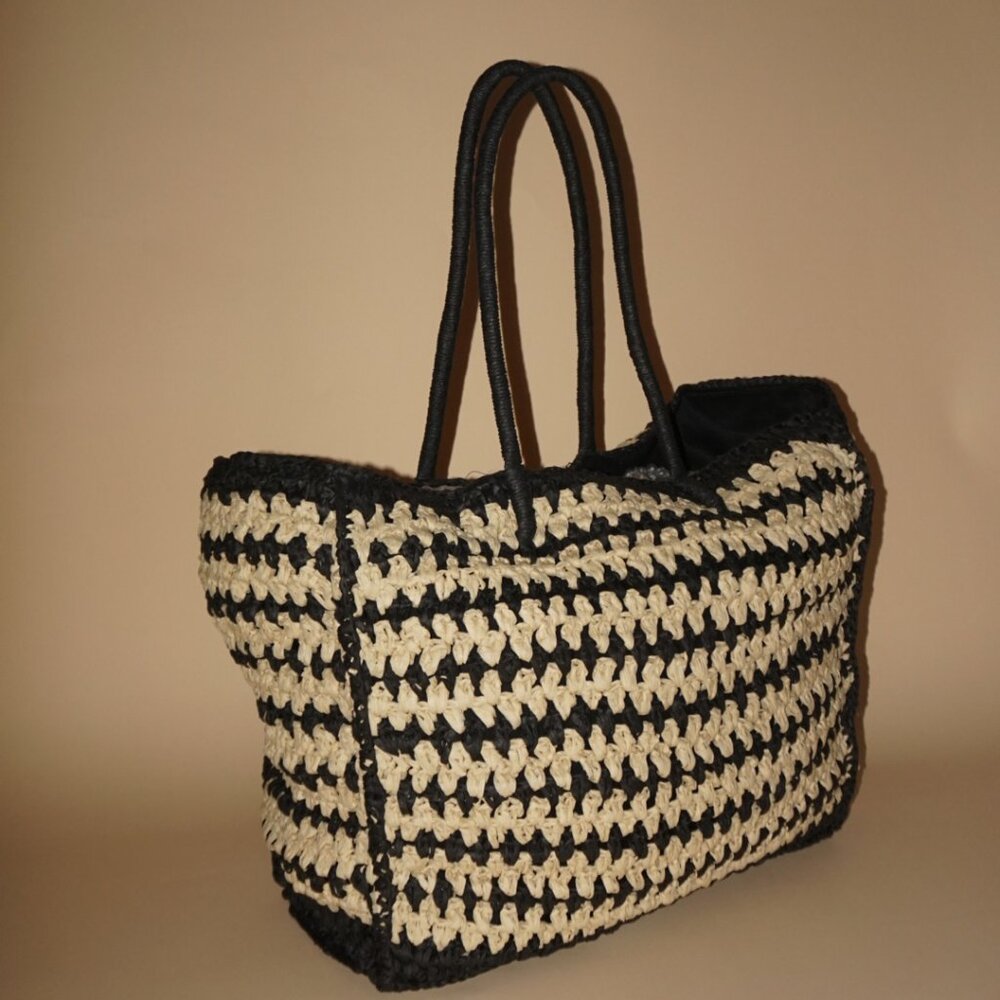 Abercrombie & Fitch Striped Resort Straw Packable Black/Tan Tote Bag